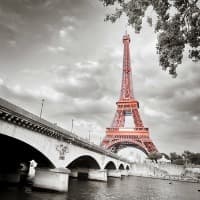 Eiffel Tower in red against muted background